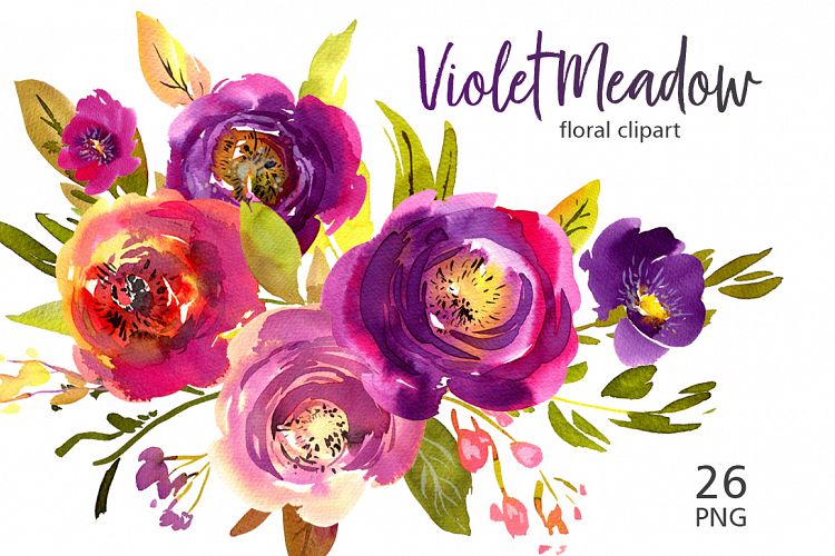 Violet Meadow Watercolor Flowers PNG