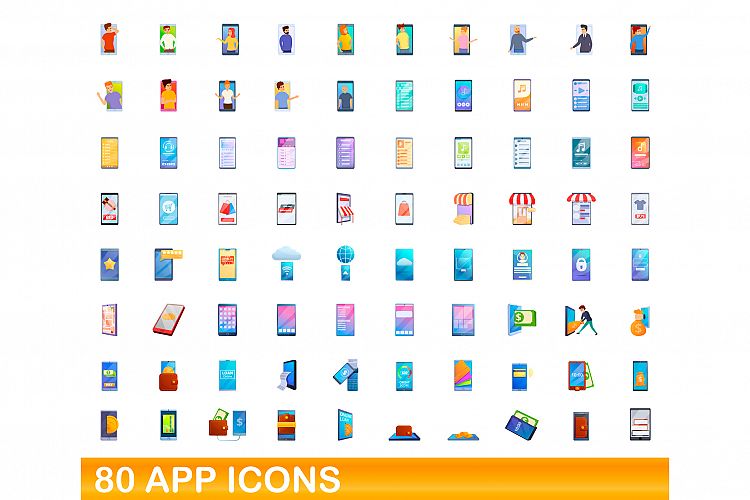 80 app icons set, cartoon style example image 1