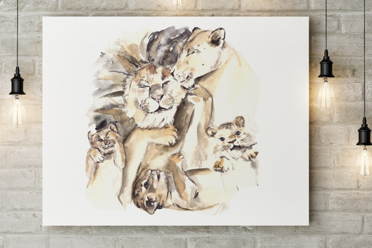 Lion Family - Watercolor Print + Clip Art