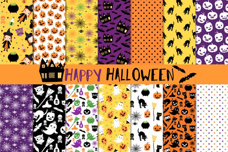 Cute Halloween digital paper set, Seamless background pattern printable