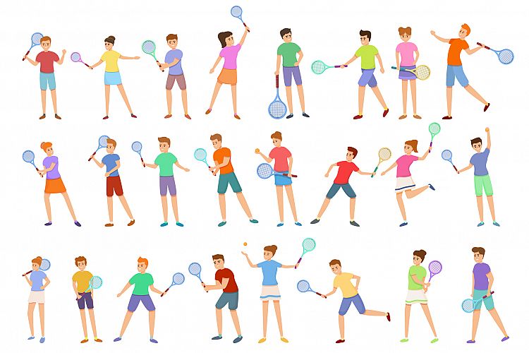 Kids playing tennis icons set, cartoon style example image 1