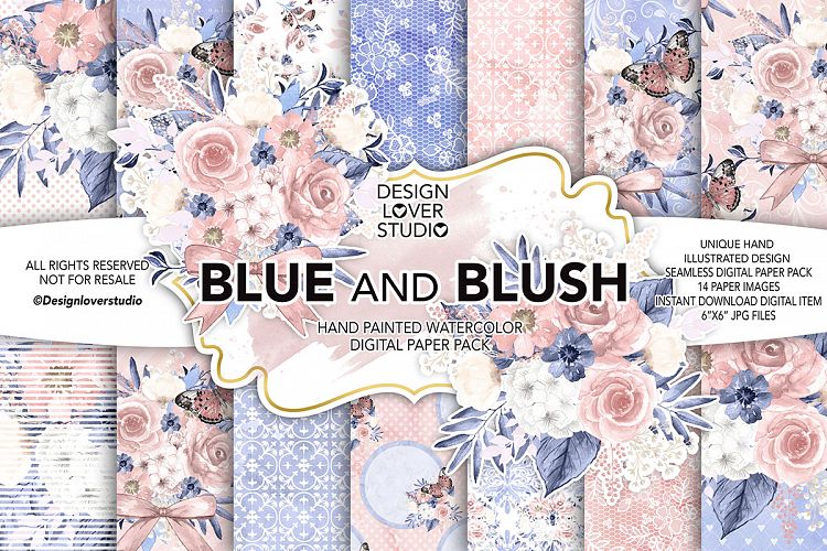 Watercolor BLUE and BLUSH digital paper pack