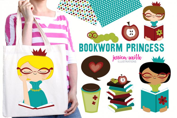 Bookworm Princess Clipart Graphics Collection