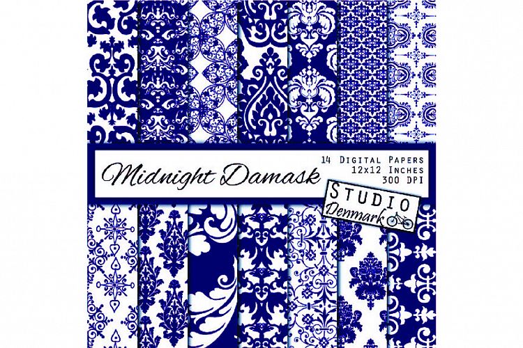 Navy Damask Digital Paper - Decorative Floral Dark Midnight