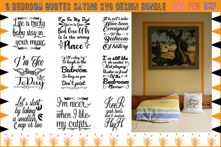 9 Bedroom Quotes SVG Design Bundle Vol 1.