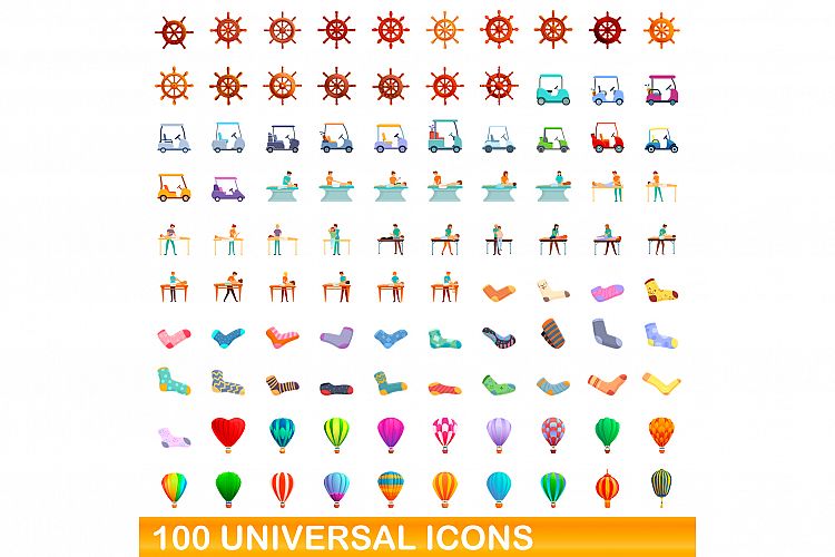 100 universal icons set, cartoon style example image 1