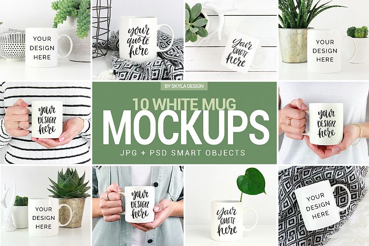 10 Mug mockup bundle, white & green lifestyle stock photos