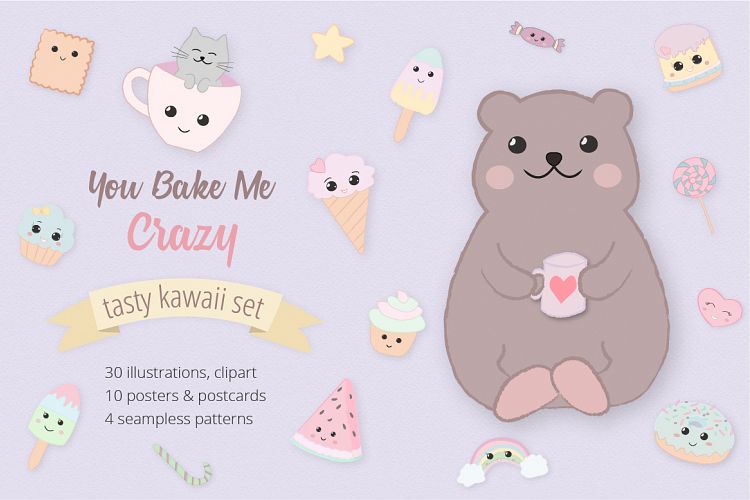 Sweet Kawaii Cute Cake Illustration Clipart Set