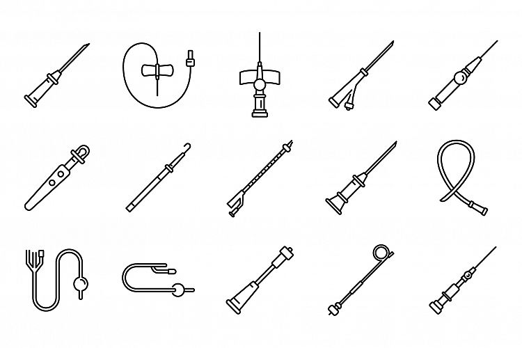 Medical catheter icons set, outline style example image 1