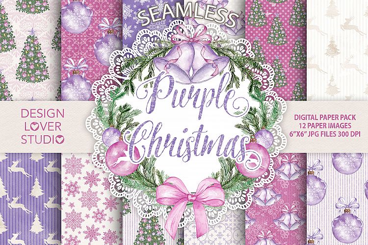 Watercolor Purple Christmas digital paper pack