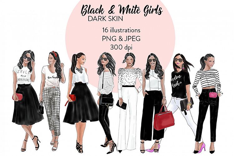 Black & White girls 1 - Dark skin, fashion clipart