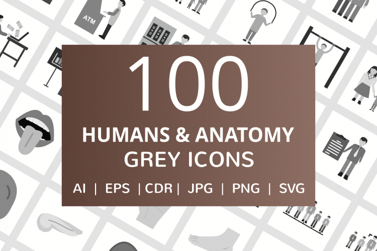 100 Humans   Anatomy Flat Greyscale Icons