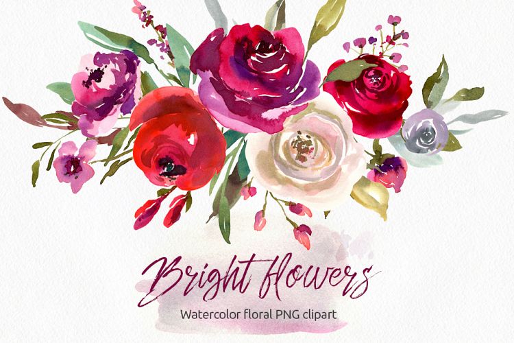 Bright watercolor flowers roses 31 PNG separate elements