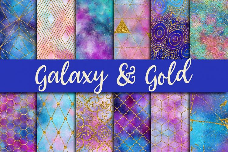 Galaxy & Gold Glitter Digital Paper