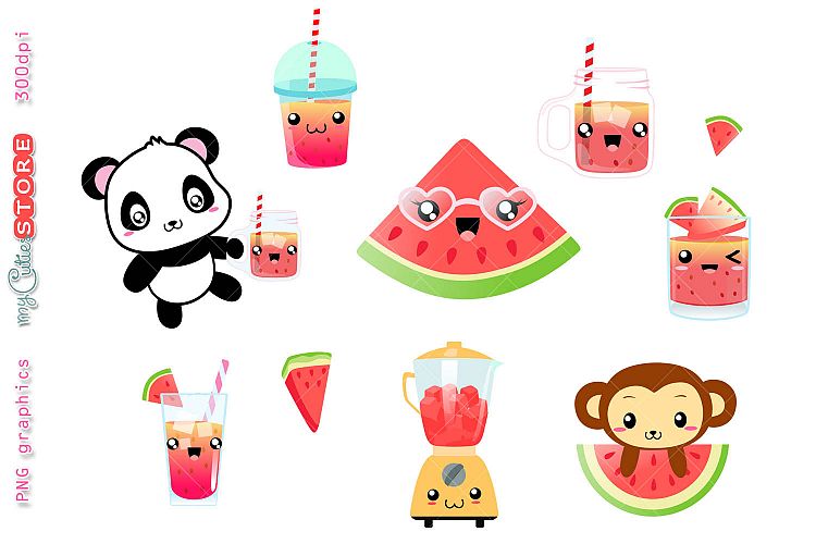 Watermelon kawaii cold drinks, panda with smoothie jar, cute monkey watermelon, summertime clipart great for planner stickers, crafts, mugs.