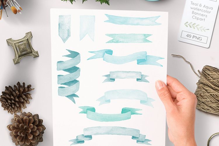 watercolor banner clipart teal and aqua graphics - 40 PNG