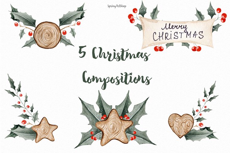 Chrismas Holly & wood Winter watercolor clipart with berries