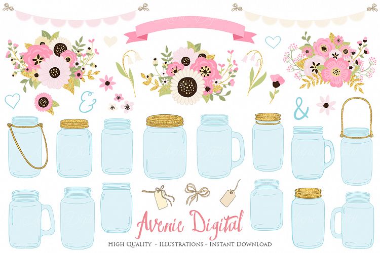 Pink and Gold Mason Jar Floral Wedding Clipart