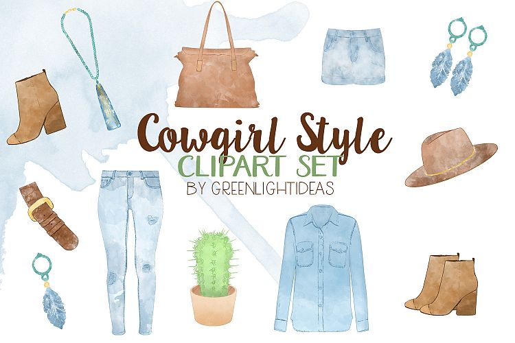 Watercolor Cowgirl Clothes Clipart, Country Clipart, Western Graphics