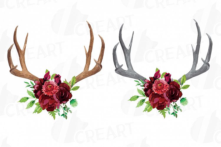 Watercolor Floral Deer horn clipart, Indian Tribal deer horn