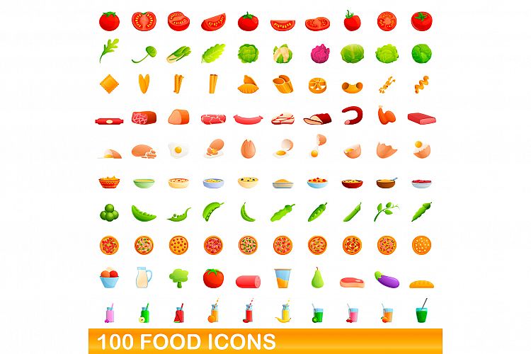 100 food icons set, cartoon style example image 1