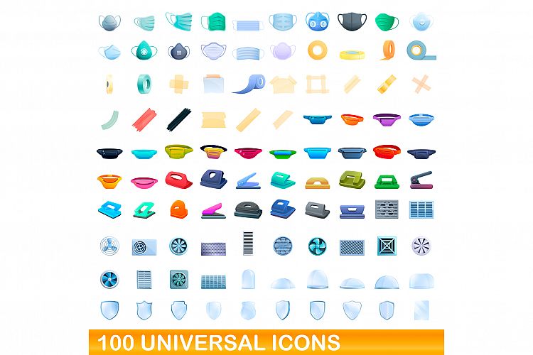 100 universal icons set, cartoon style example image 1