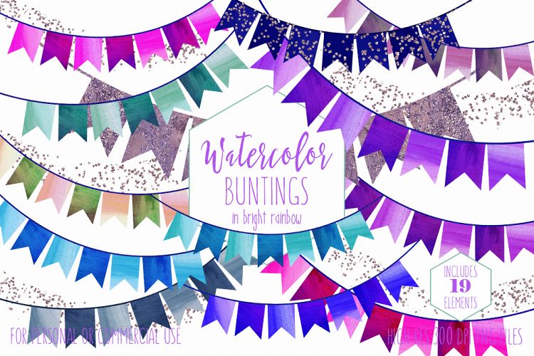 RAINBOW BUNTING BANNER Clipart Watercolor Double Tail Buntings & Glitter Confetti Birthday Party Invitation Graphics