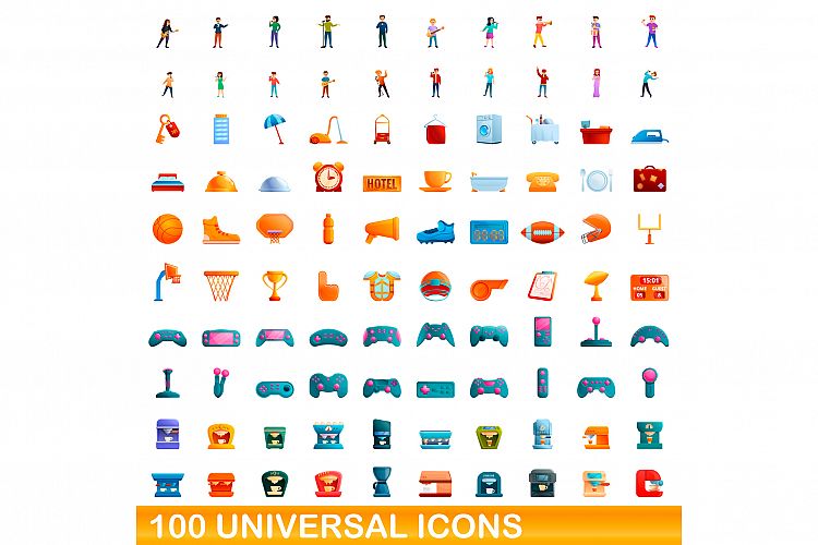 100 universal icons set, cartoon style example image 1