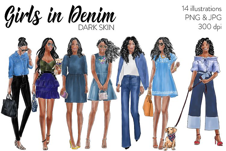 Watercolor fashion illustration clipart - Girls in Denim - Dark skin