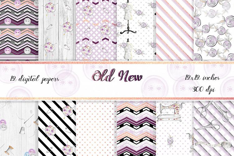Vintage style Sewing Digital Papers. 12 papers with gold foil elements.