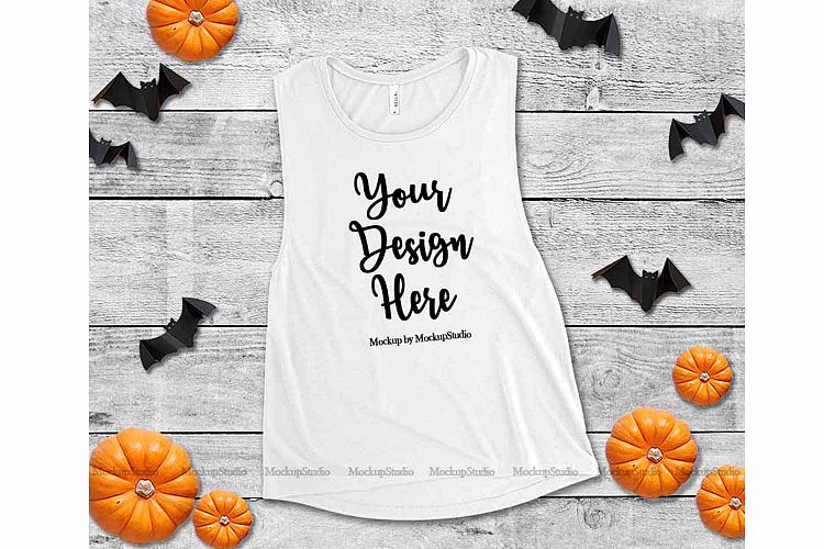 Halloween White Tank Top Mockup, Bella Canvas 8803 Flat Lay