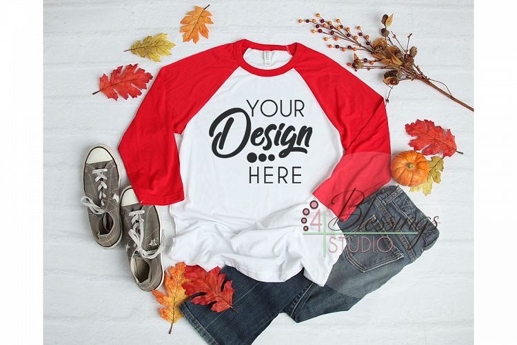 Raglan Fall TShirt Mockup Autumn Shirt Flat Lay Winter Red