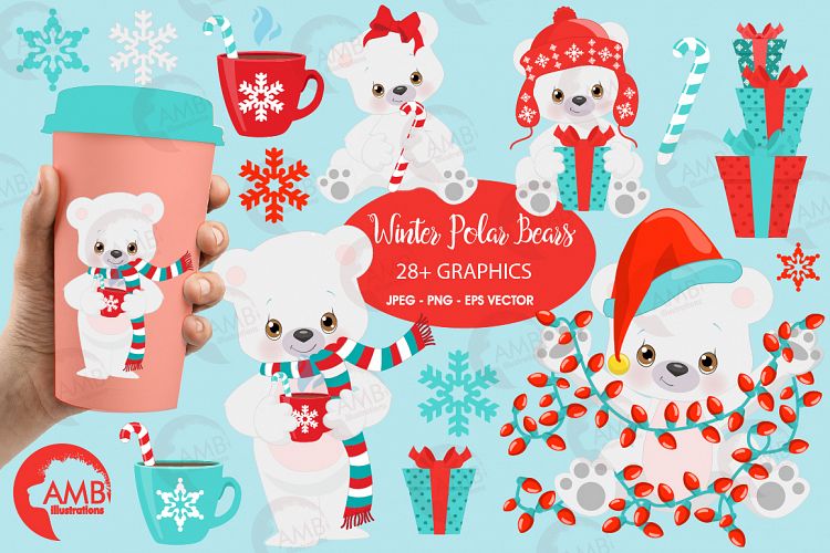 Polar Bear clipart, Winter Bear clipart, Christmas bear illustrations AMB-2274