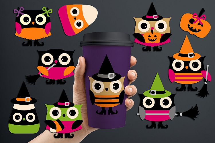 Cute Halloween owls corn candy clip art graphic illustration