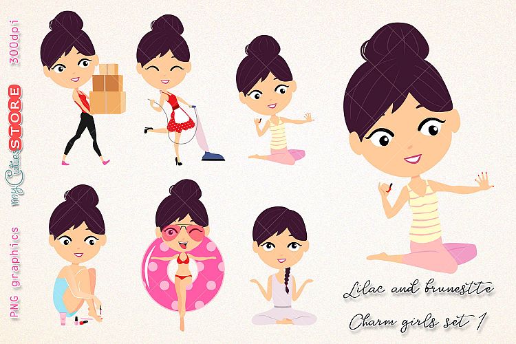 Kawaii girl collection clipart, brunette and lilac hair household chores, paint nails png clip art for digital planning, stickers, cards, invitations.
