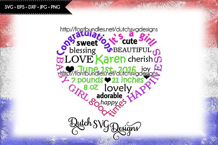 Baby girl cutting file in heart shape, in Jpg Png SVG EPS DXF for Cricut & Silhouette, baby girl svg, newborn svg, baby shower svg, svg file