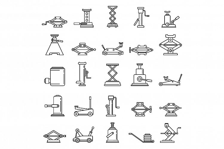 Modern jack-screw icons set, outline style