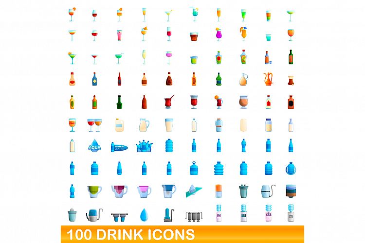 100 drink icons set, cartoon style example image 1