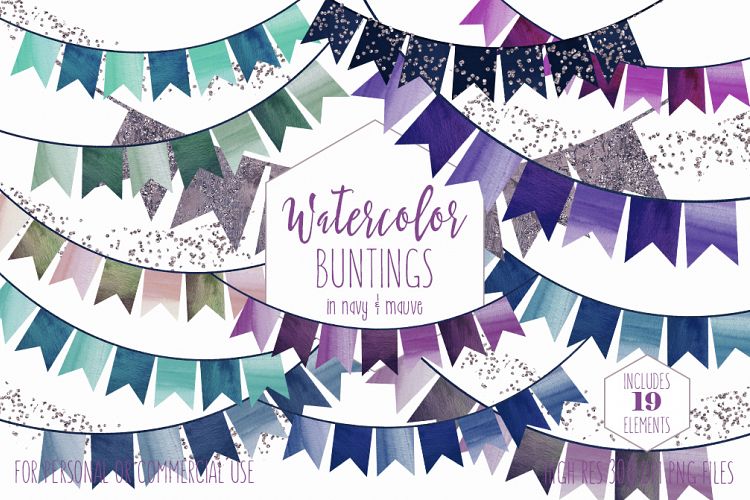 PARTY BUNTING BANNER Clipart Watercolor Double Tail Buntings Navy Blue & Purple Glitter Confetti Birthday Graphics