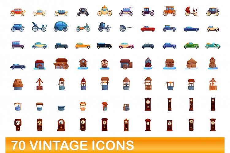 70 vintage icons set, cartoon style example image 1