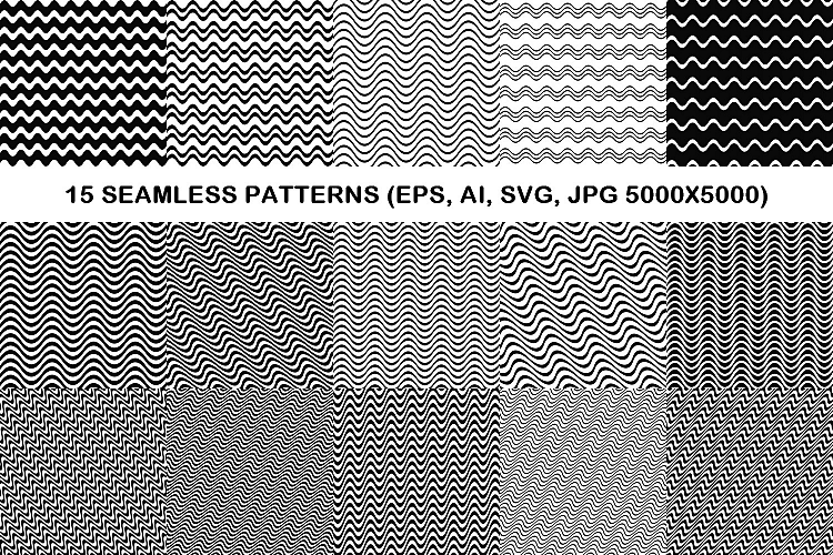 15 seamless wave line patterns (EPS, AI, SVG, JPG 5000x5000)
