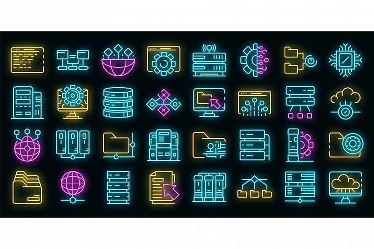 Data center icons set vector neon example image 1