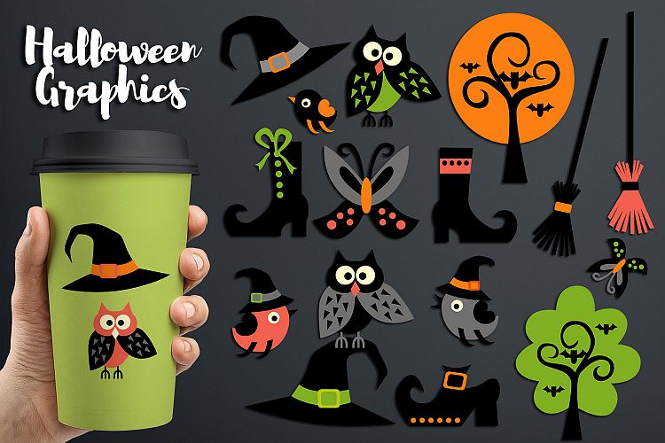 Halloween Critters graphics - owls, witch hats boots, broom