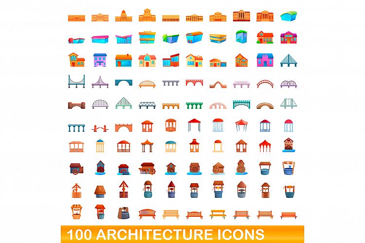 100 architecture icons set, cartoon style example image 1