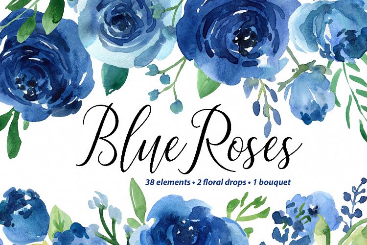 Blue Watercolor Roses Flowers Leaves