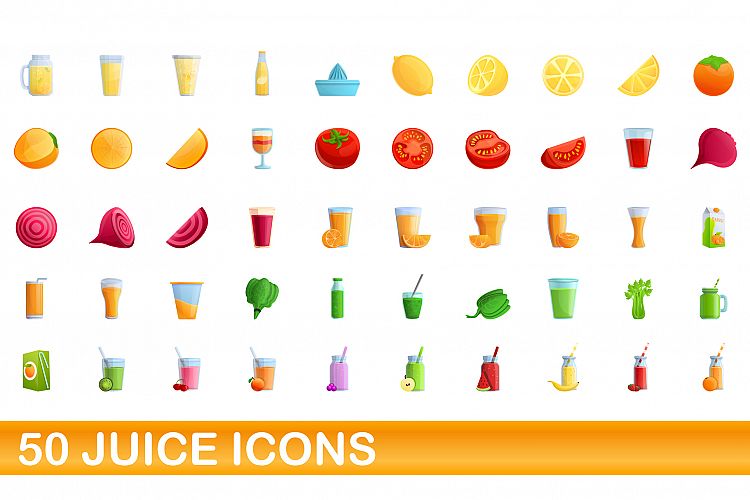 50 juice icons set, cartoon style