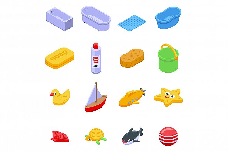 Bath toys icons set, isometric style example image 1