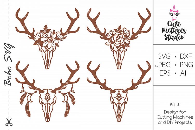 Download Set Deer Skull SVG dxf, Floral Deer Antlers SVG,Floral Skull