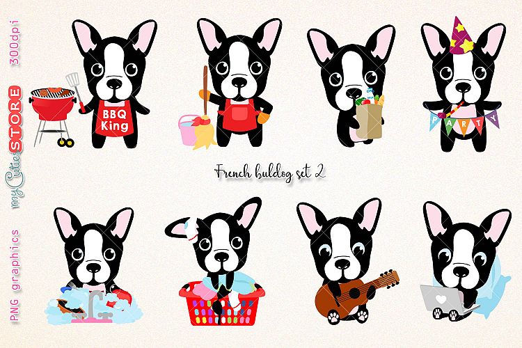Collection of french buldog clipart, party birthday, bbq, laundry, wash dishes, groceries kawaii clip art great for stickers, cards invitations.