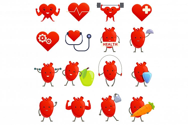 Healthy heart icons set, cartoon style